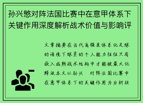 孙兴慜对阵法国比赛中在意甲体系下关键作用深度解析战术价值与影响评估